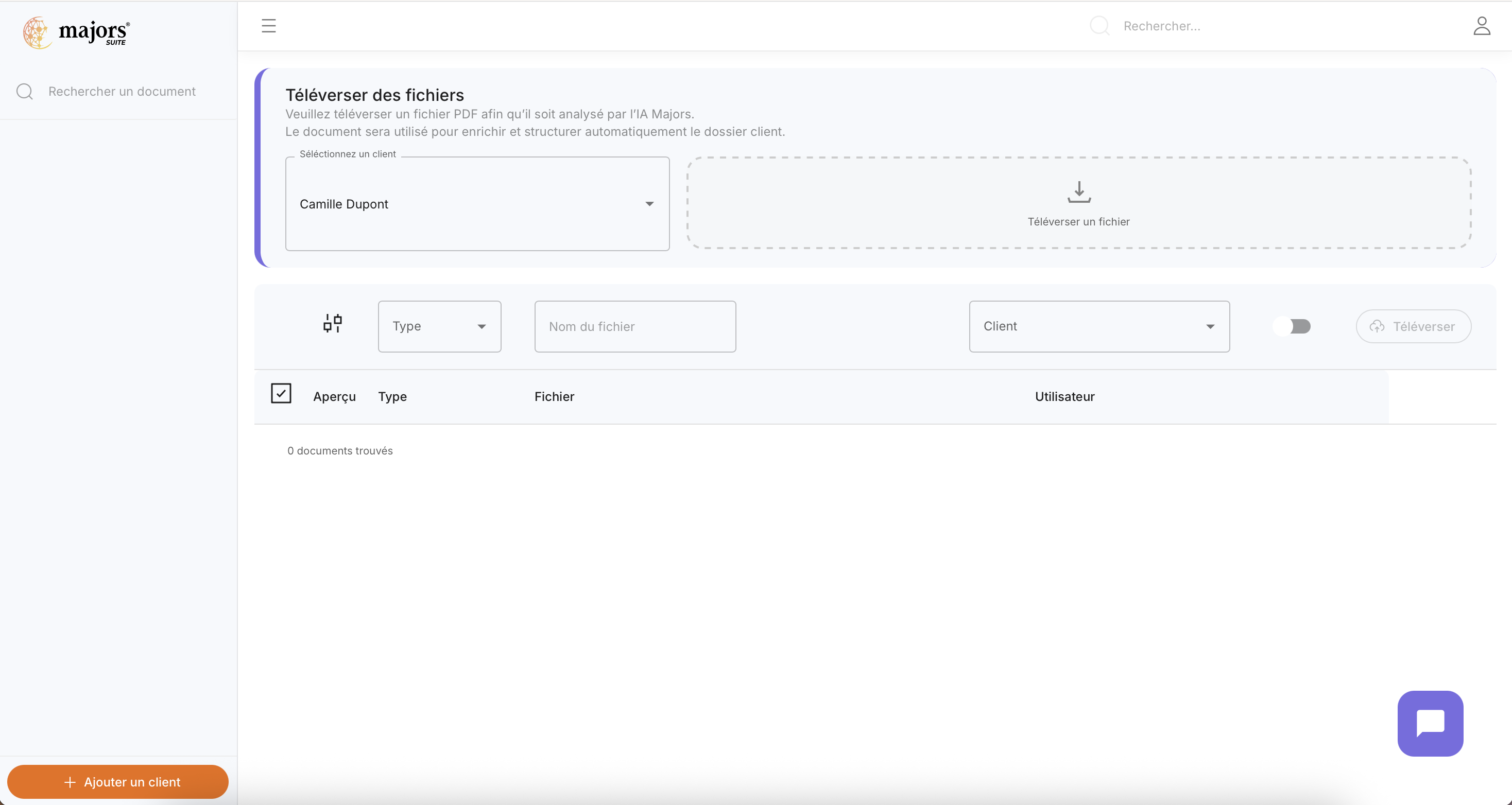Téléversement documents clients - Suite Majors