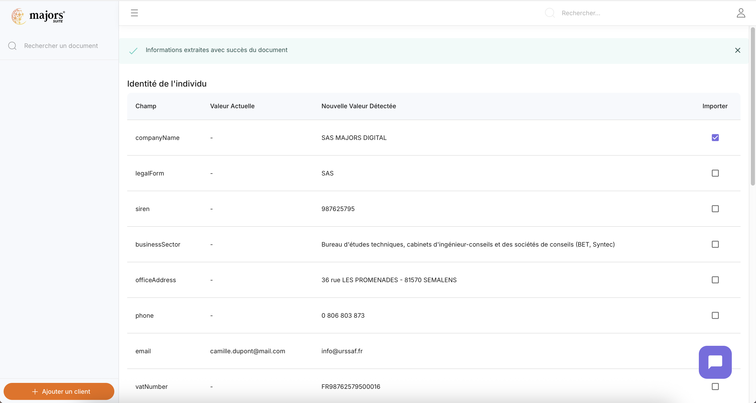 Importation données clients - Suite Majors