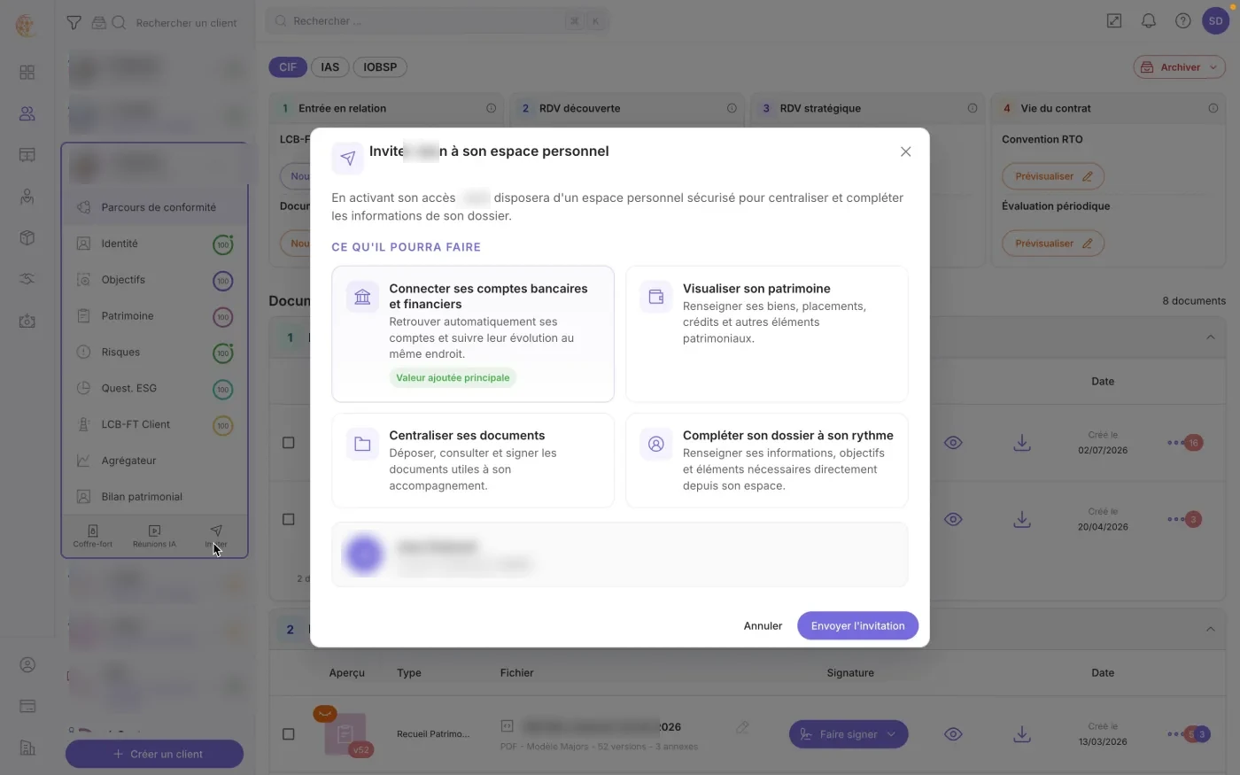 La fenêtre d'invitation du client à son espace personnel avant envoi
