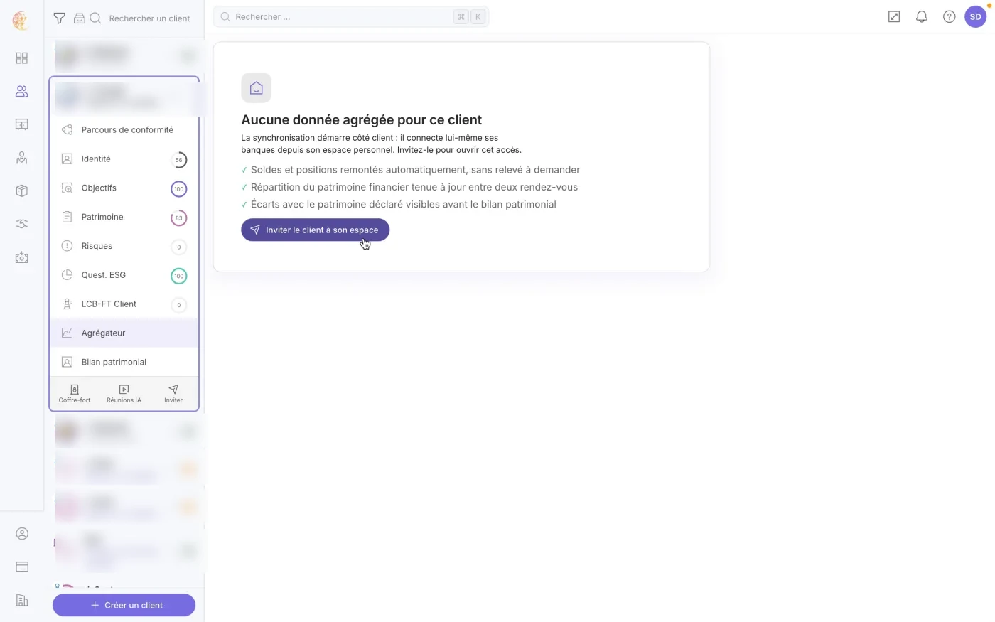 L'onglet Agrégateur avant toute connexion, avec le bouton d'invitation du client