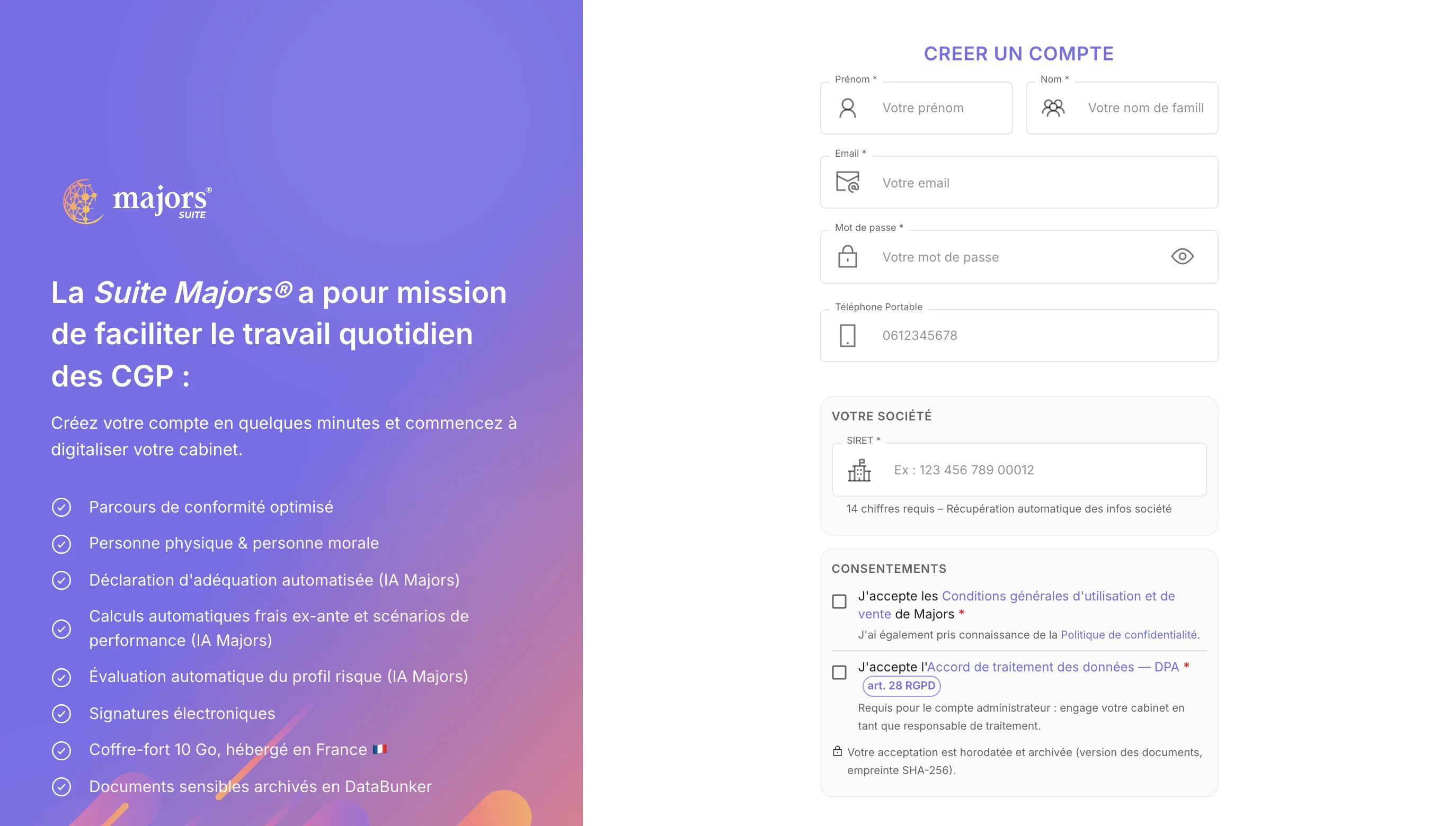 La page d'inscription de la Suite Majors
