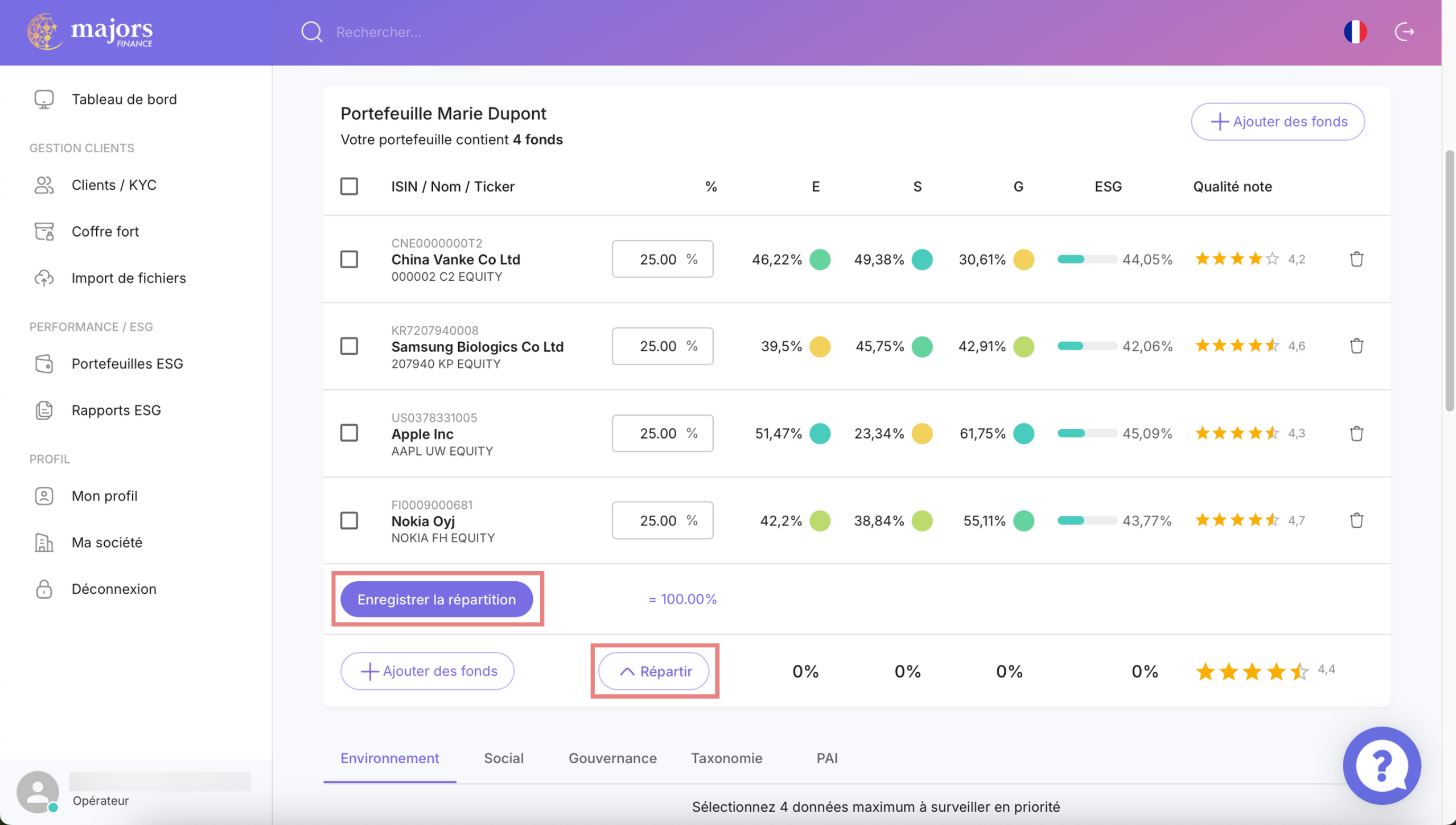 Ajout et répartition des fonds