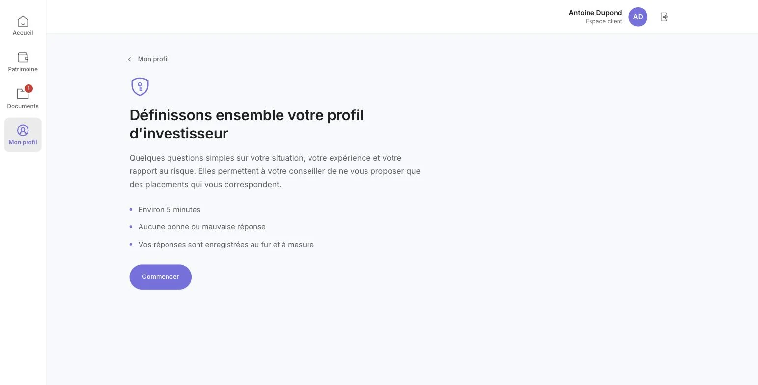 Écran d'introduction du questionnaire de profil investisseur