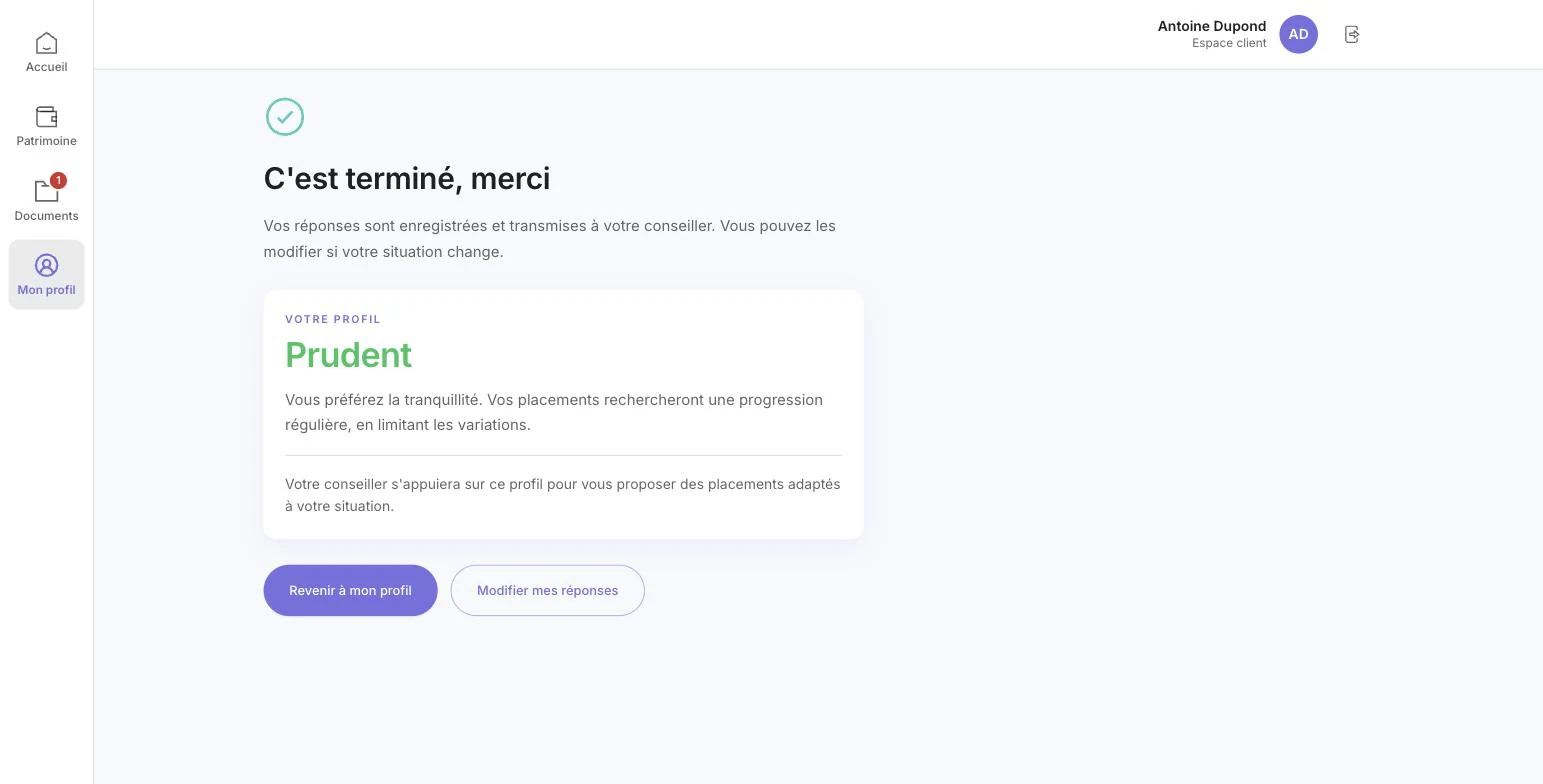 Résultat du questionnaire : profil Prudent transmis au conseiller