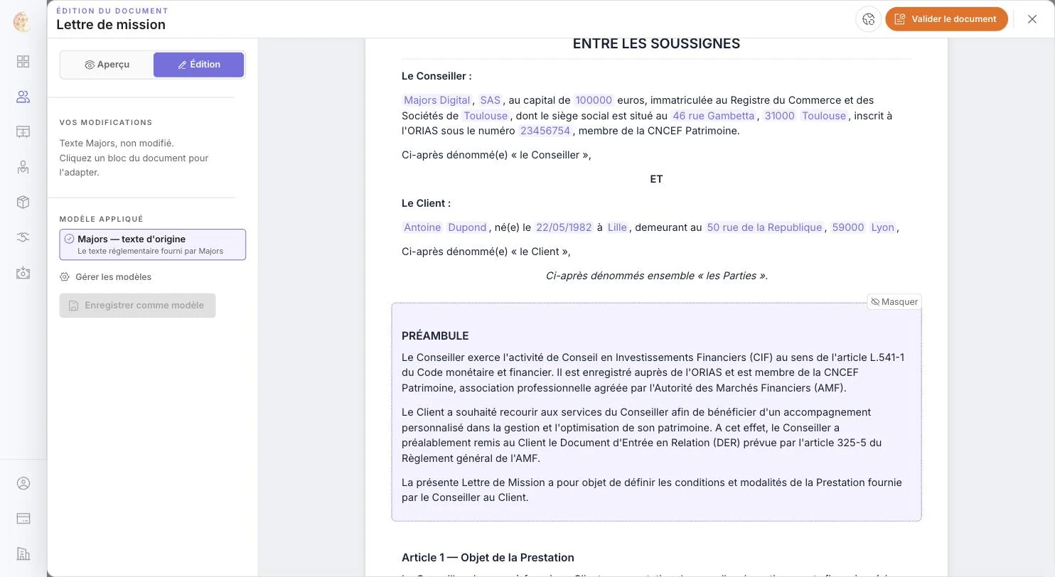 Mode Édition : un bloc survolé, avec le bouton Masquer