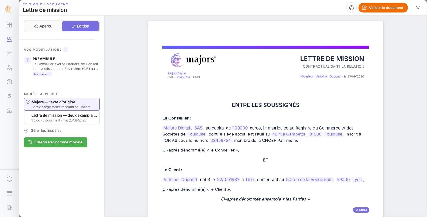 Le modèle enregistré apparaît dans la liste Modèle appliqué