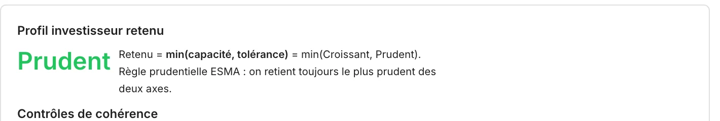 Profil retenu = min(capacité, tolérance), règle du plus prudent