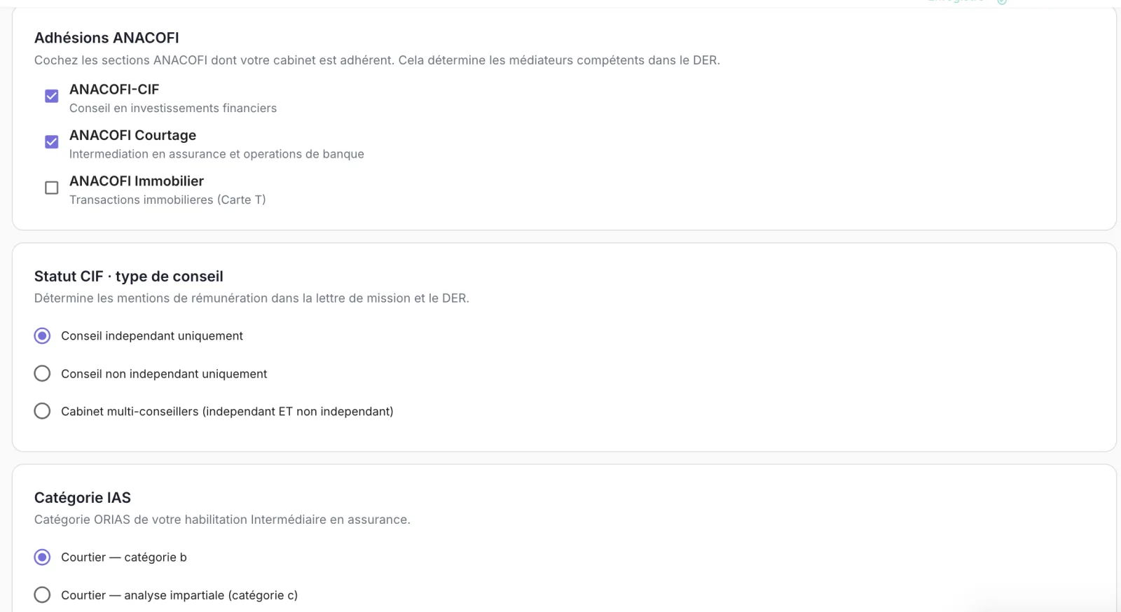 Adhésions ANACOFI par section, type de conseil CIF et catégorie IAS