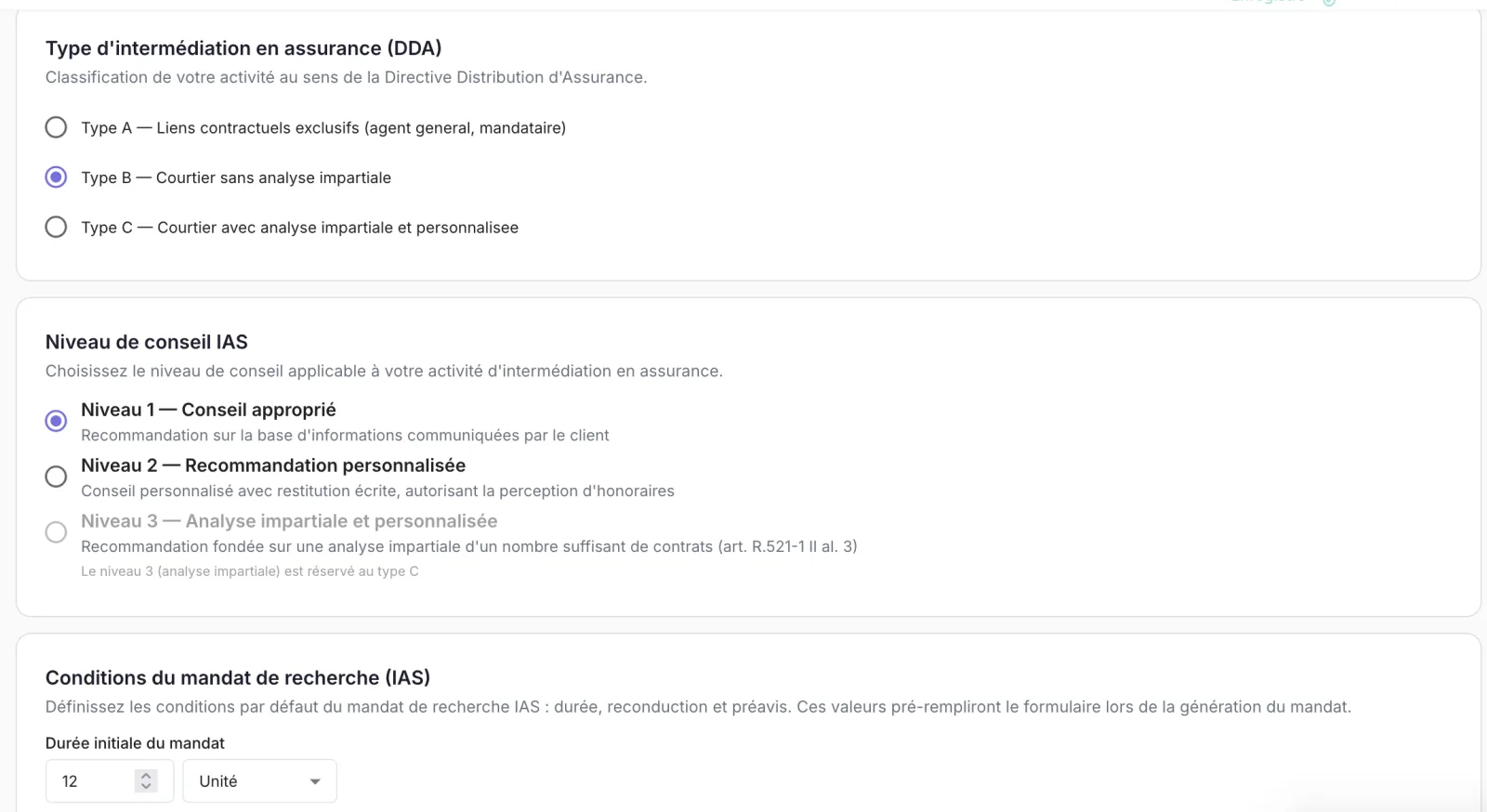 Type d'intermédiation DDA A, B ou C et niveaux de conseil IAS 1, 2 et 3