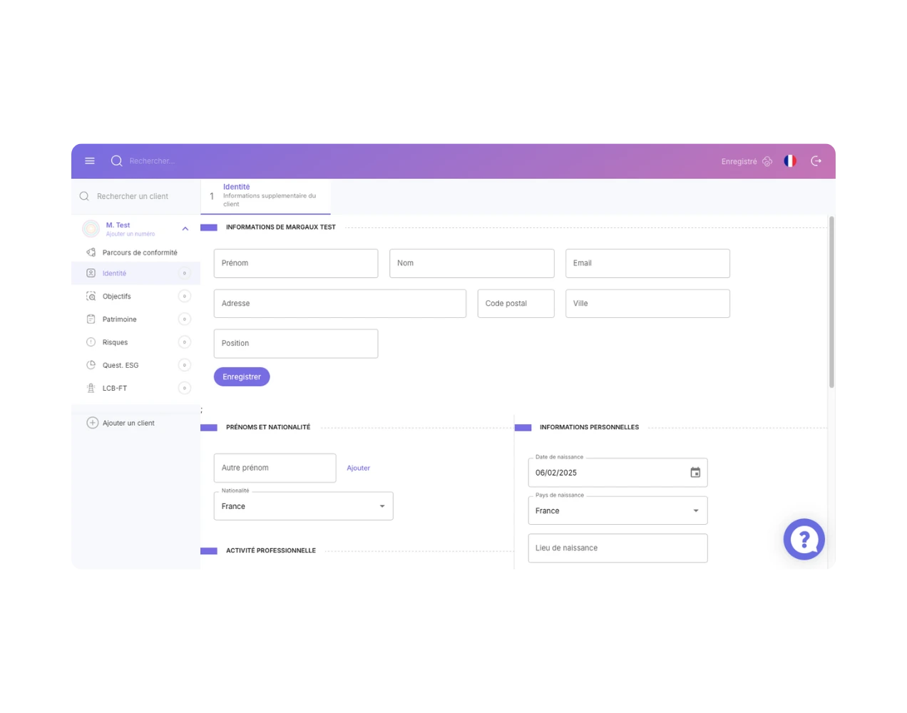 Interface outil KYC - Données d'identité du client