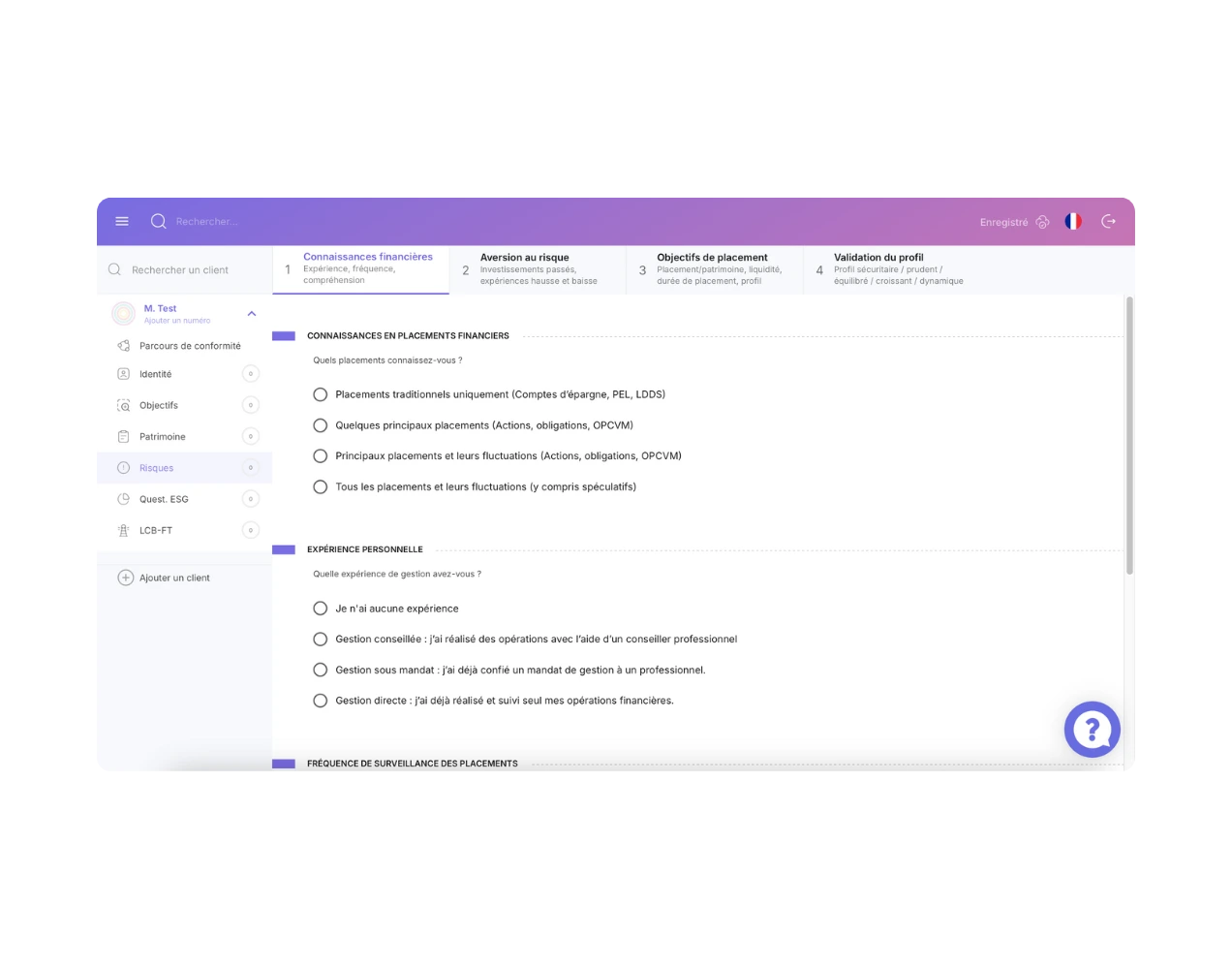 Questionnaire profil de risque pour les CGP - Suite Majors