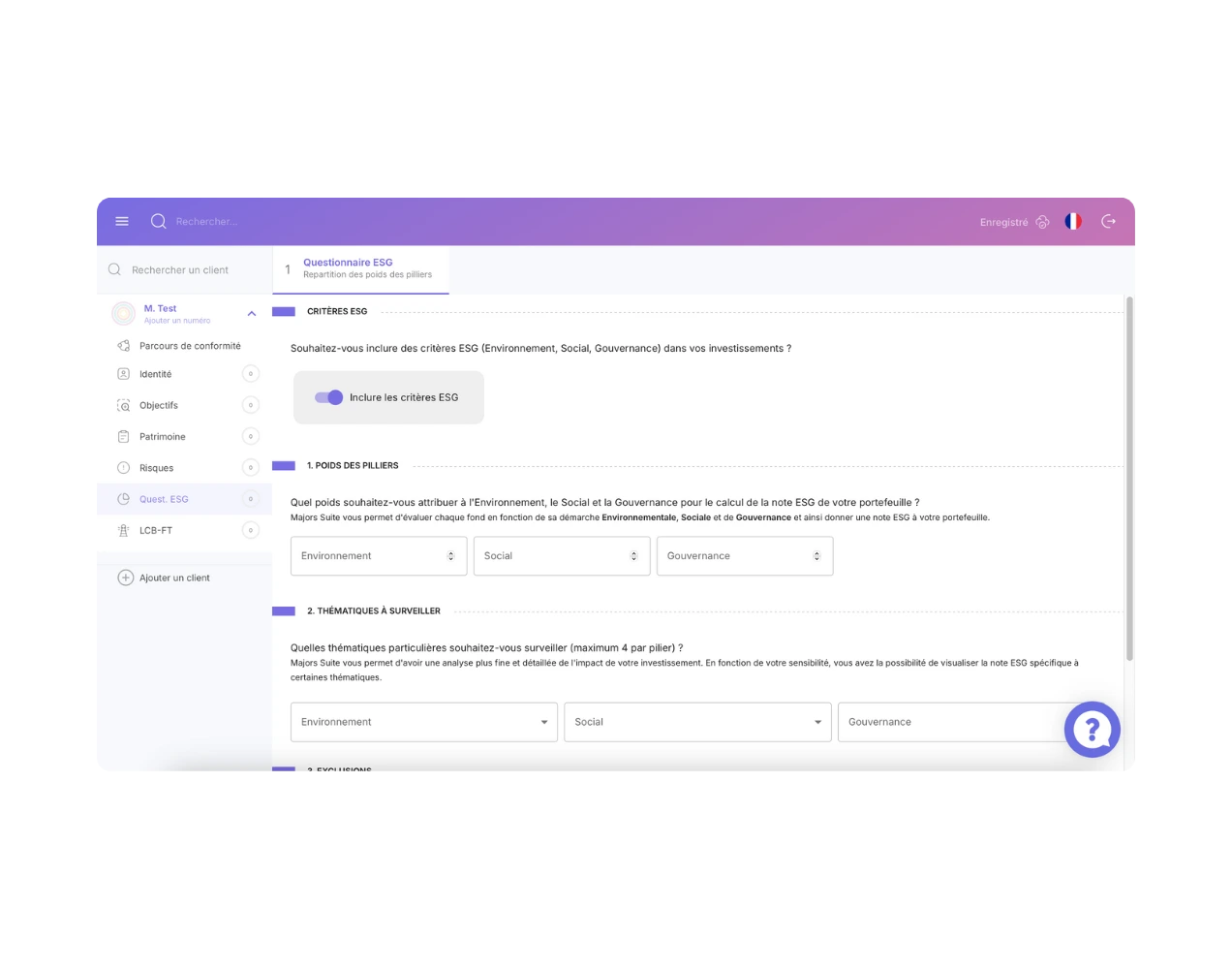 Module ESG dans l'outil KYC Majors pour CGP
