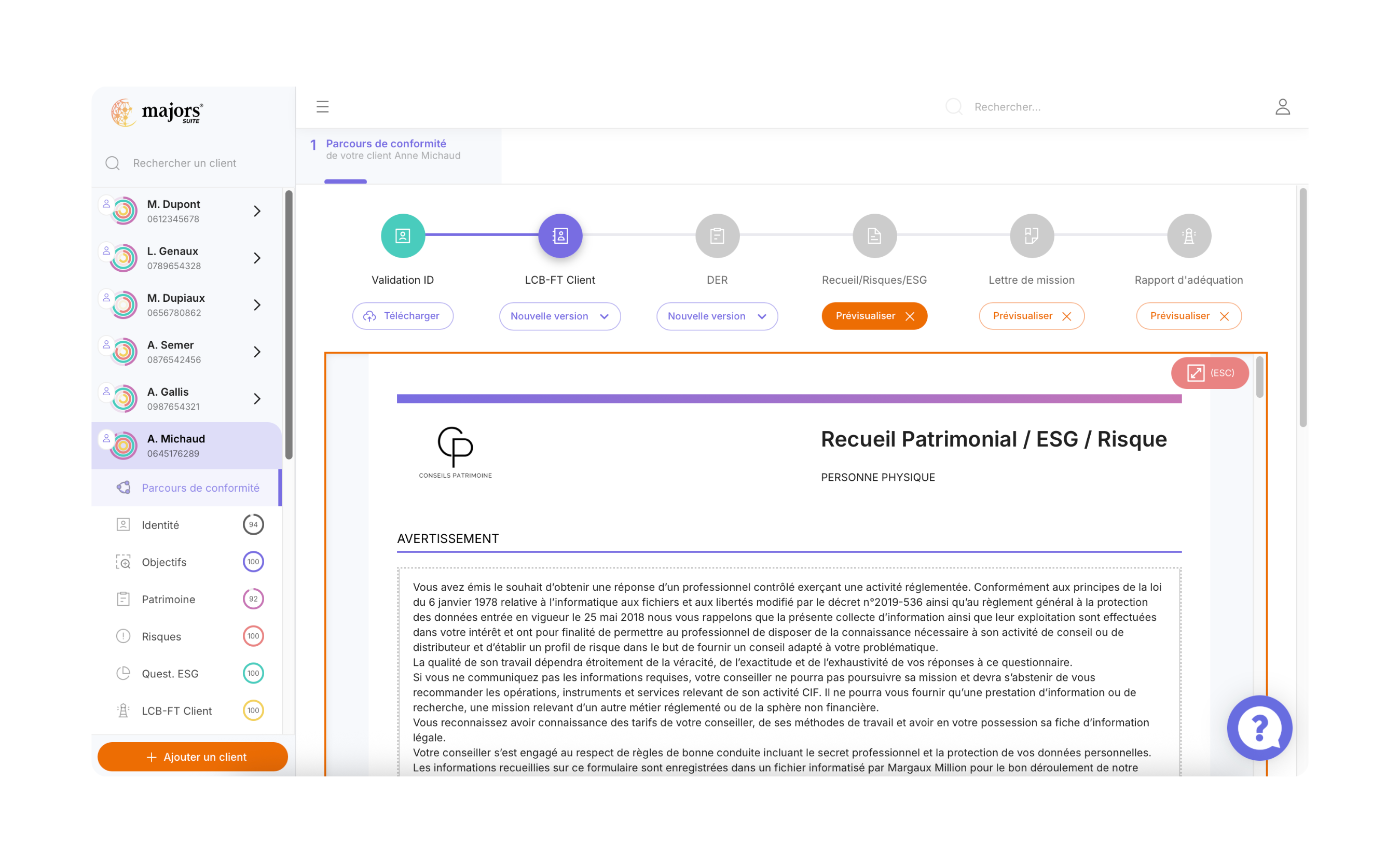 Prévisualisation du recueil patrimonial dans le parcours de conformité Majors