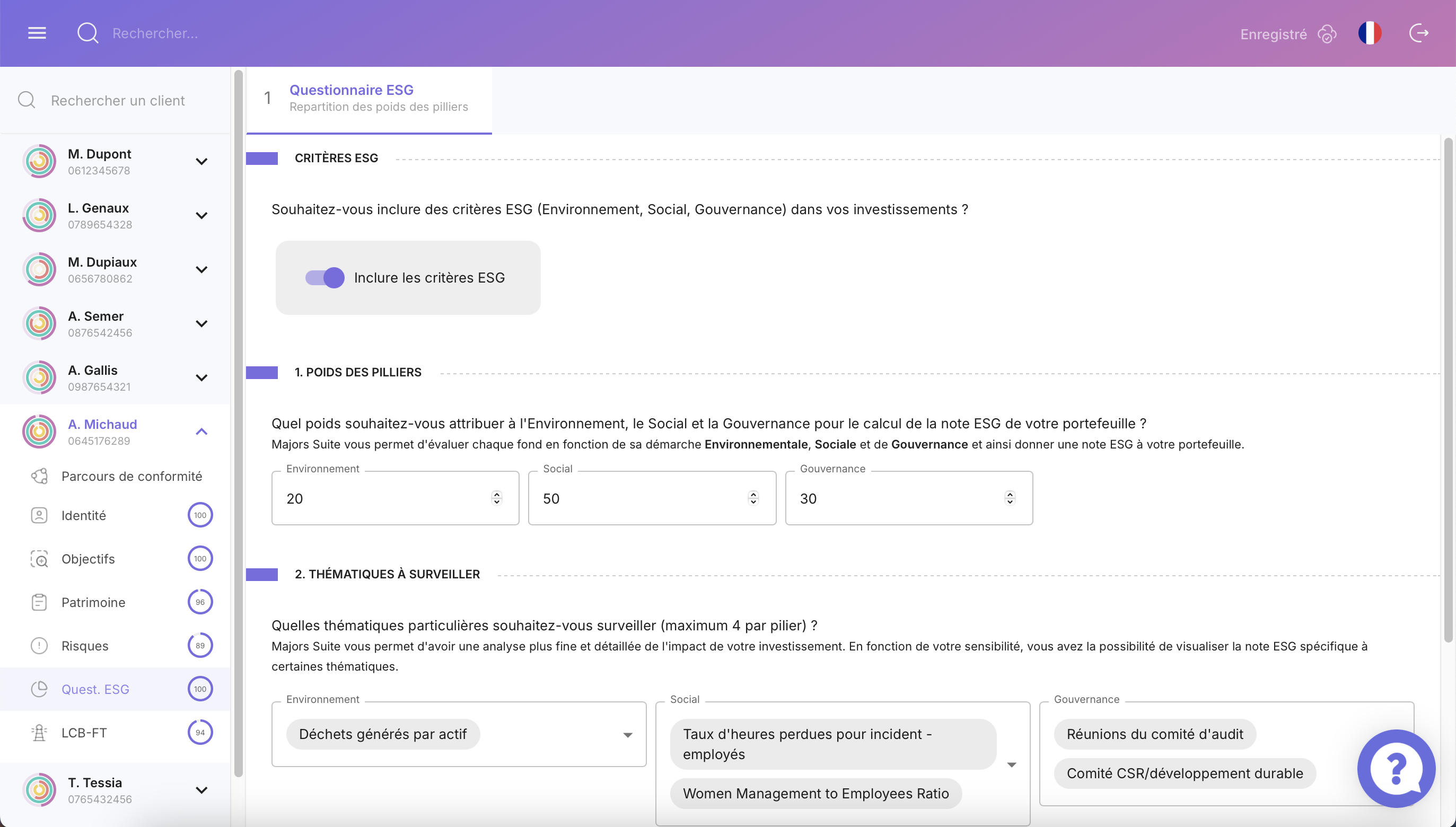 Onglet Questionnaire ESG - KYC Majors